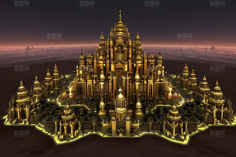 哥特式科幻蜂巢城市的雄伟空中视角
