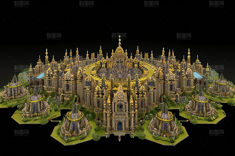 空中俯瞰豪华哥特式科幻蜂巢城市
