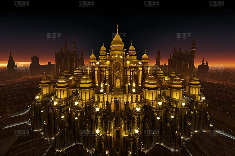 空中俯瞰豪华哥特式科幻蜂巢城市