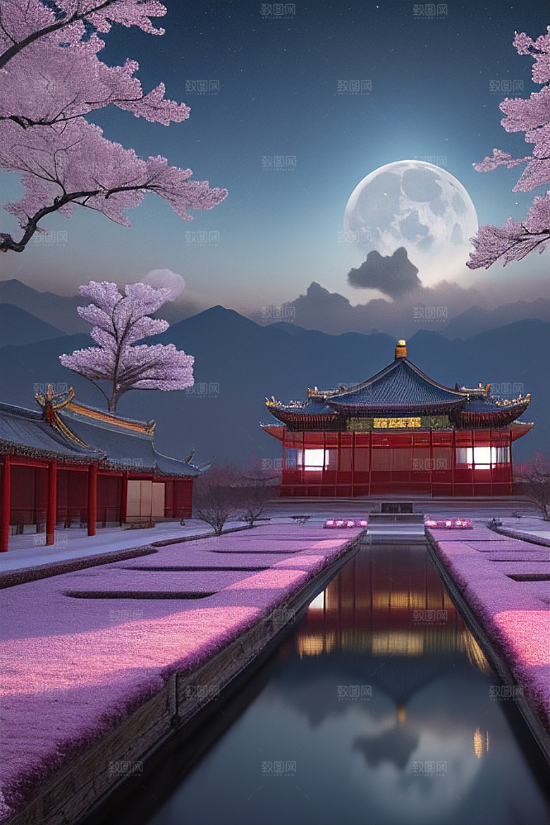 天上的中国古代宫殿的全景