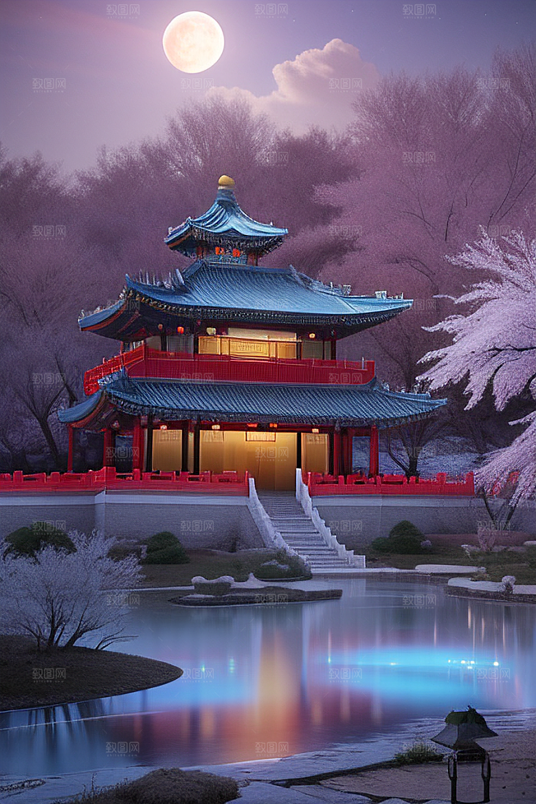 天上的中国古代宫殿的全景