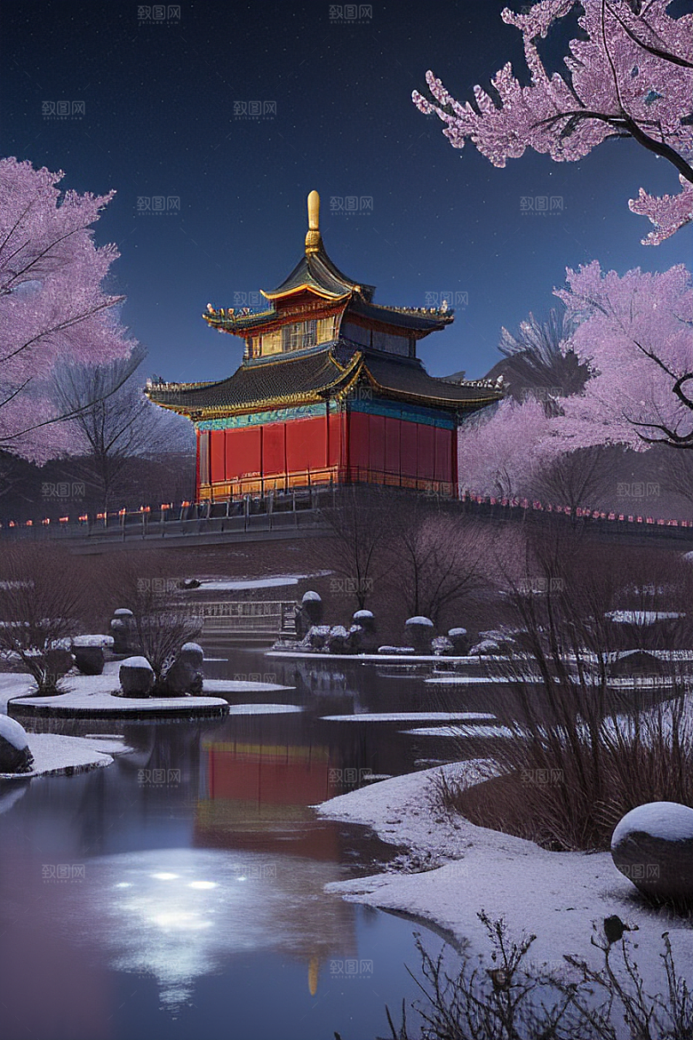 天上的中国古代宫殿的全景