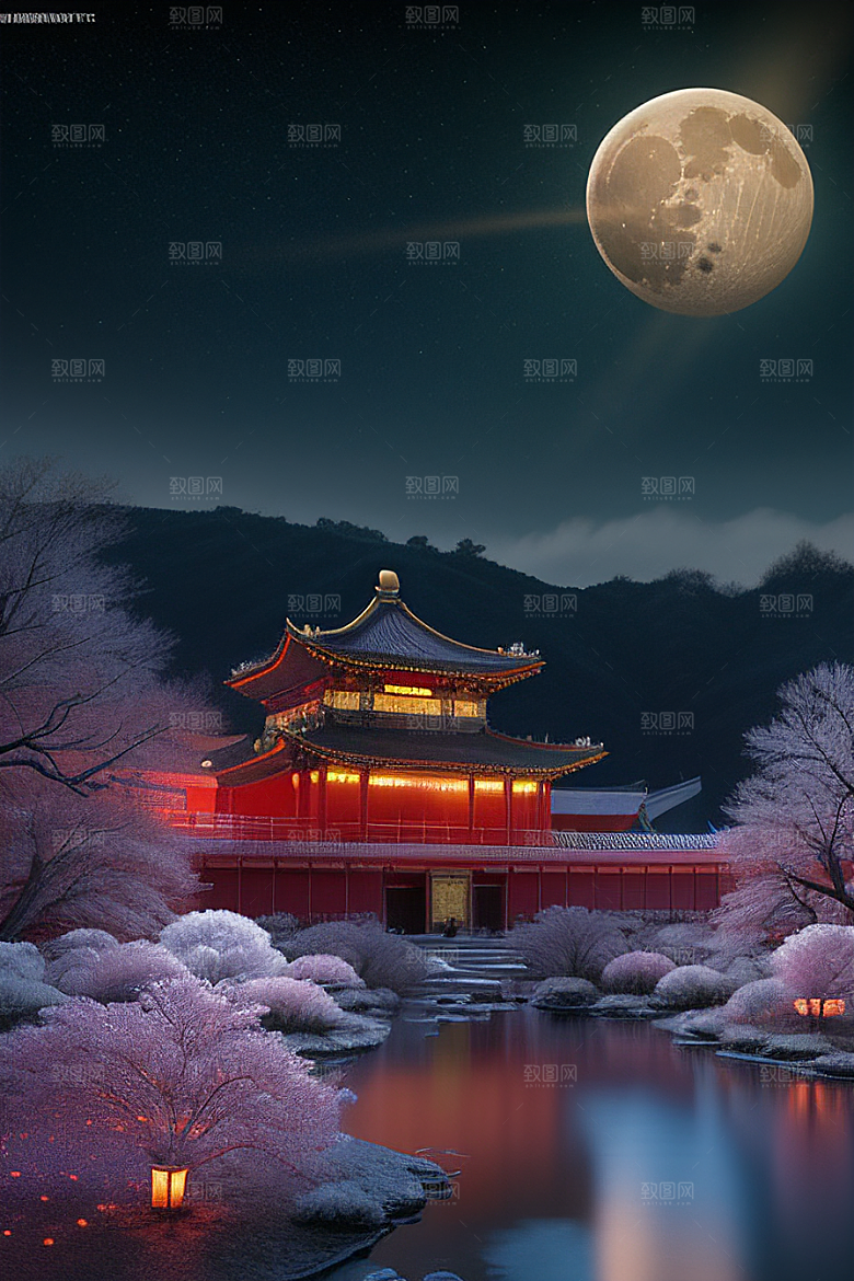 天上的中国古代宫殿的全景
