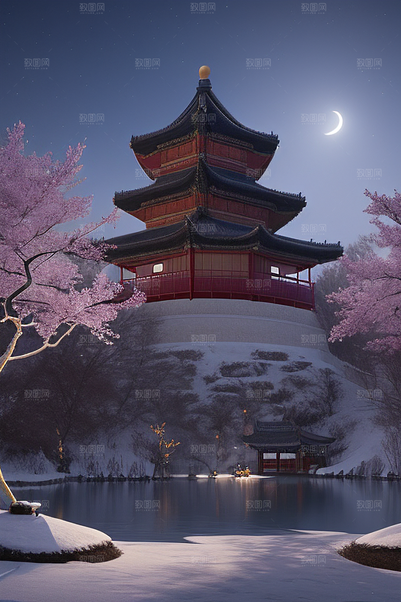 天上的中国古代宫殿的全景