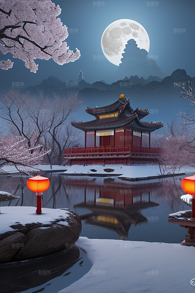 天上的中国古代宫殿的全景