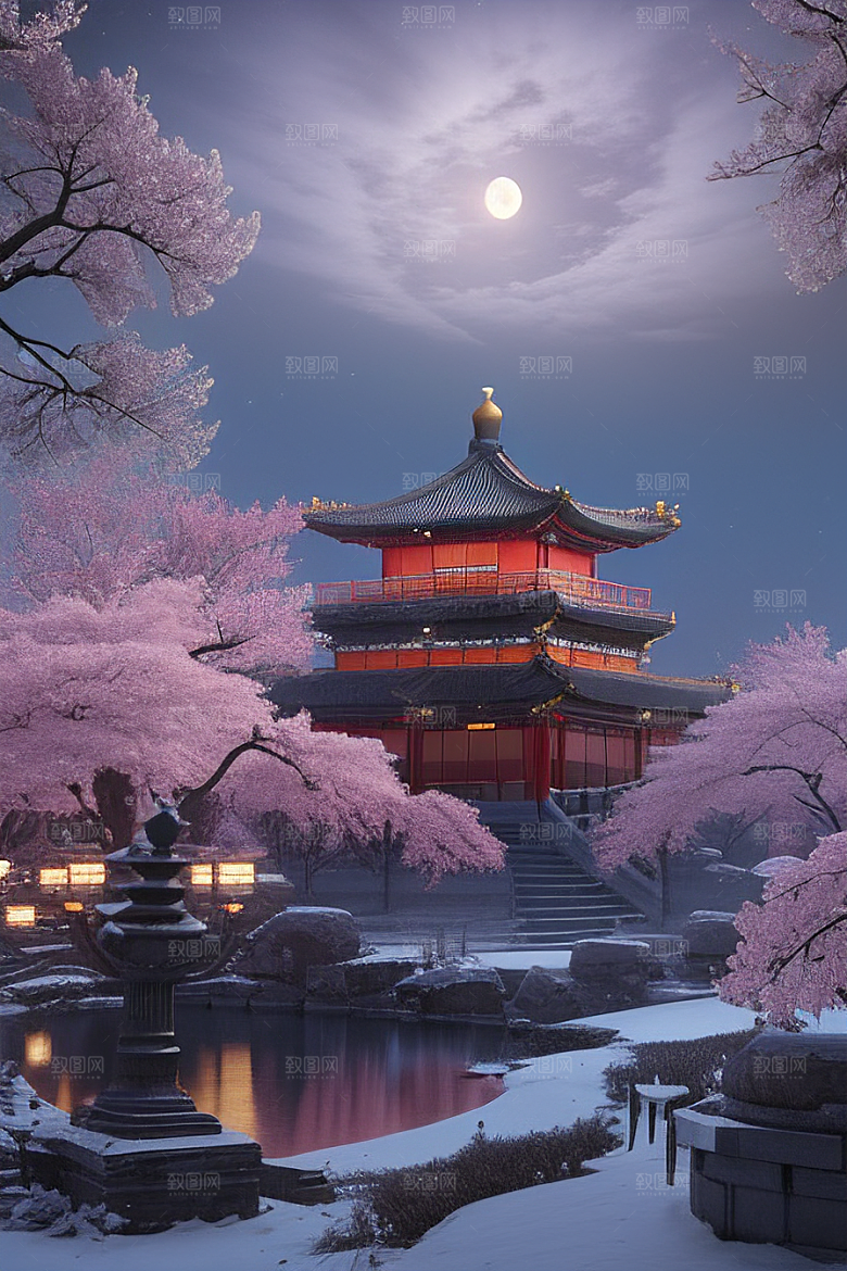 天上的中国古代宫殿的全景