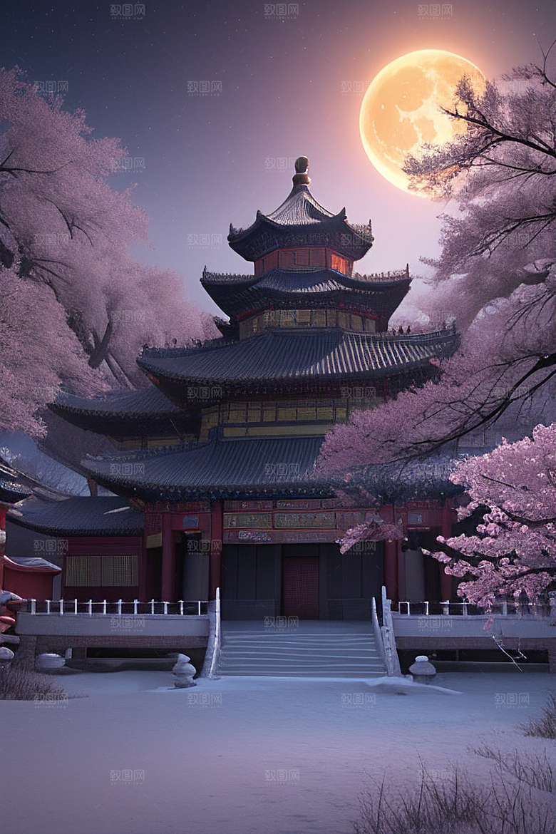 天上的中国古代宫殿的全景