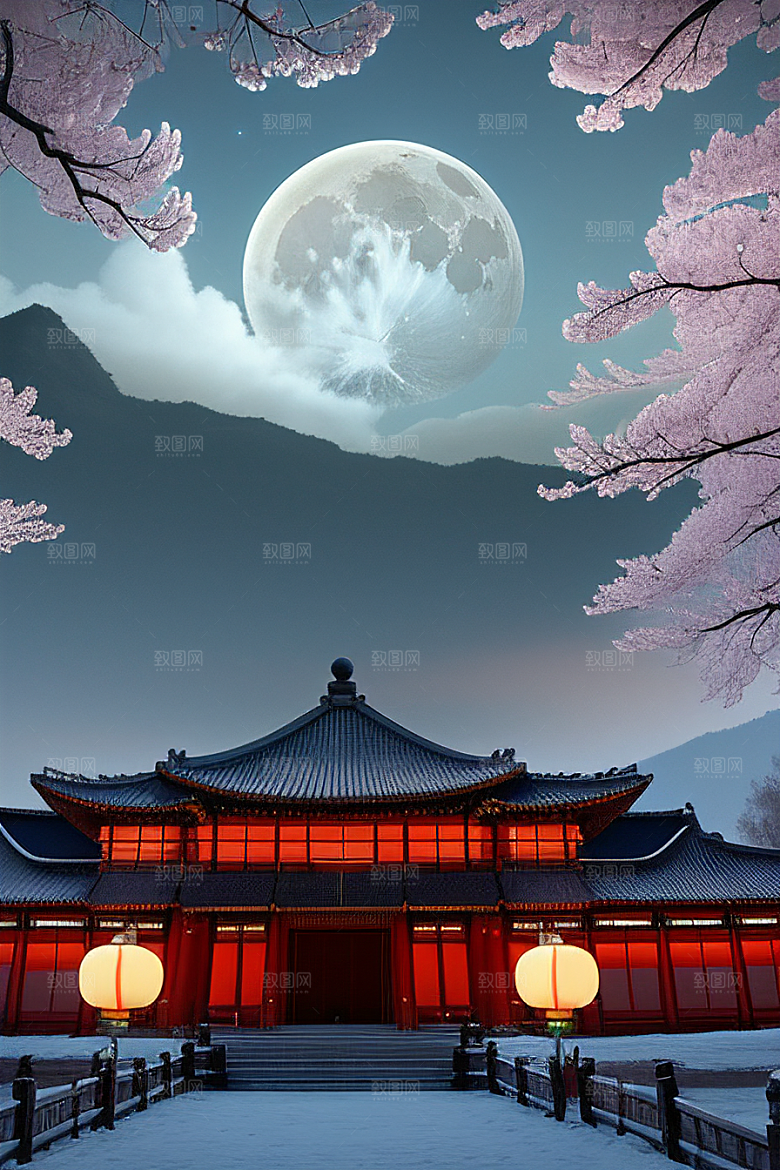 天上的中国古代宫殿的全景