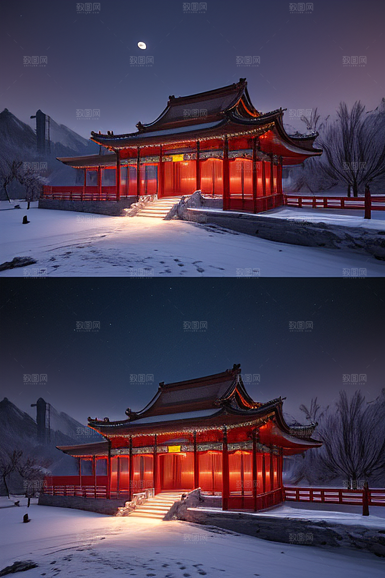 天上的中国古代宫殿的全景