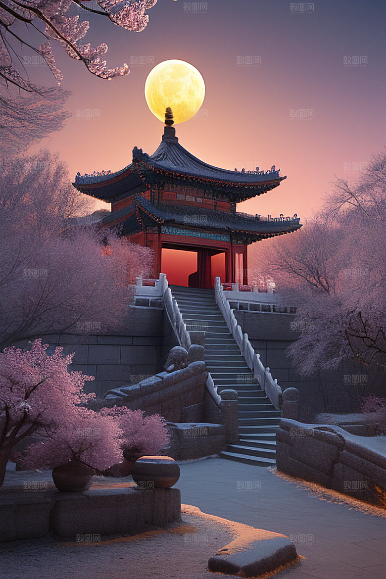 天上的中国古代宫殿的全景