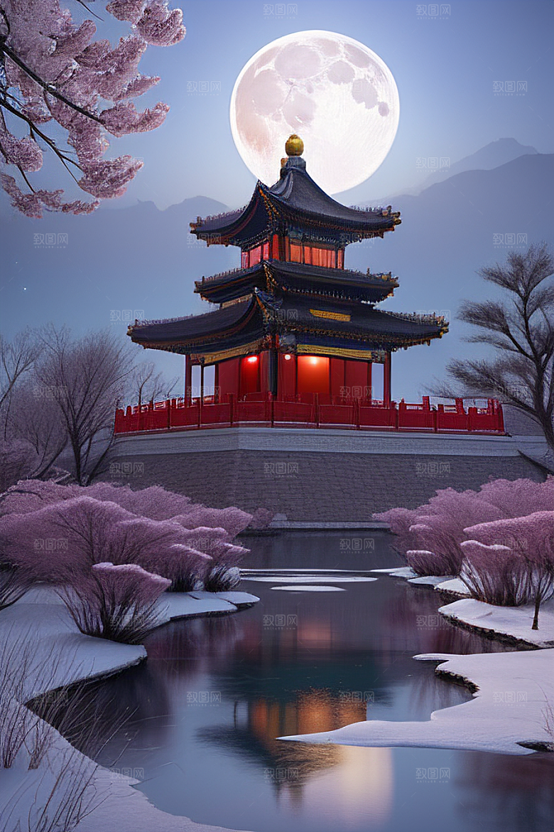 天上的中国古代宫殿的全景