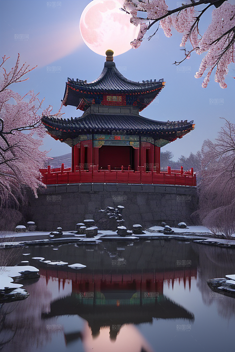 天上的中国古代宫殿的全景