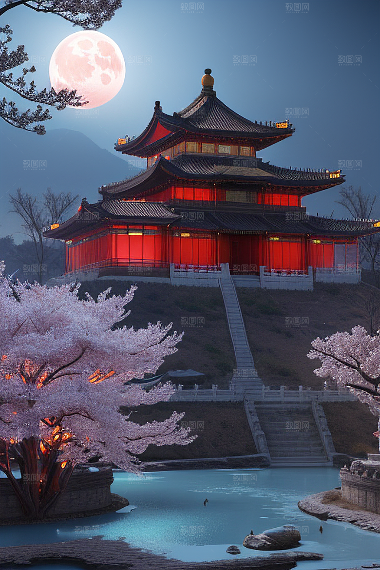 天上的中国古代宫殿的全景