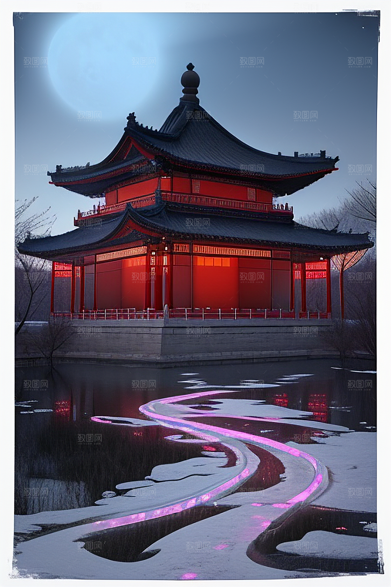 天上的中国古代宫殿的全景