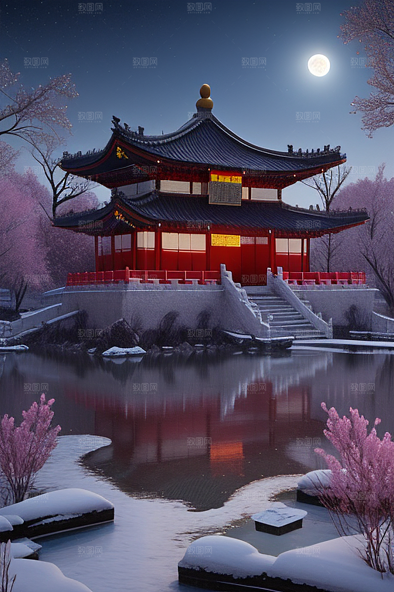 天上的中国古代宫殿的全景