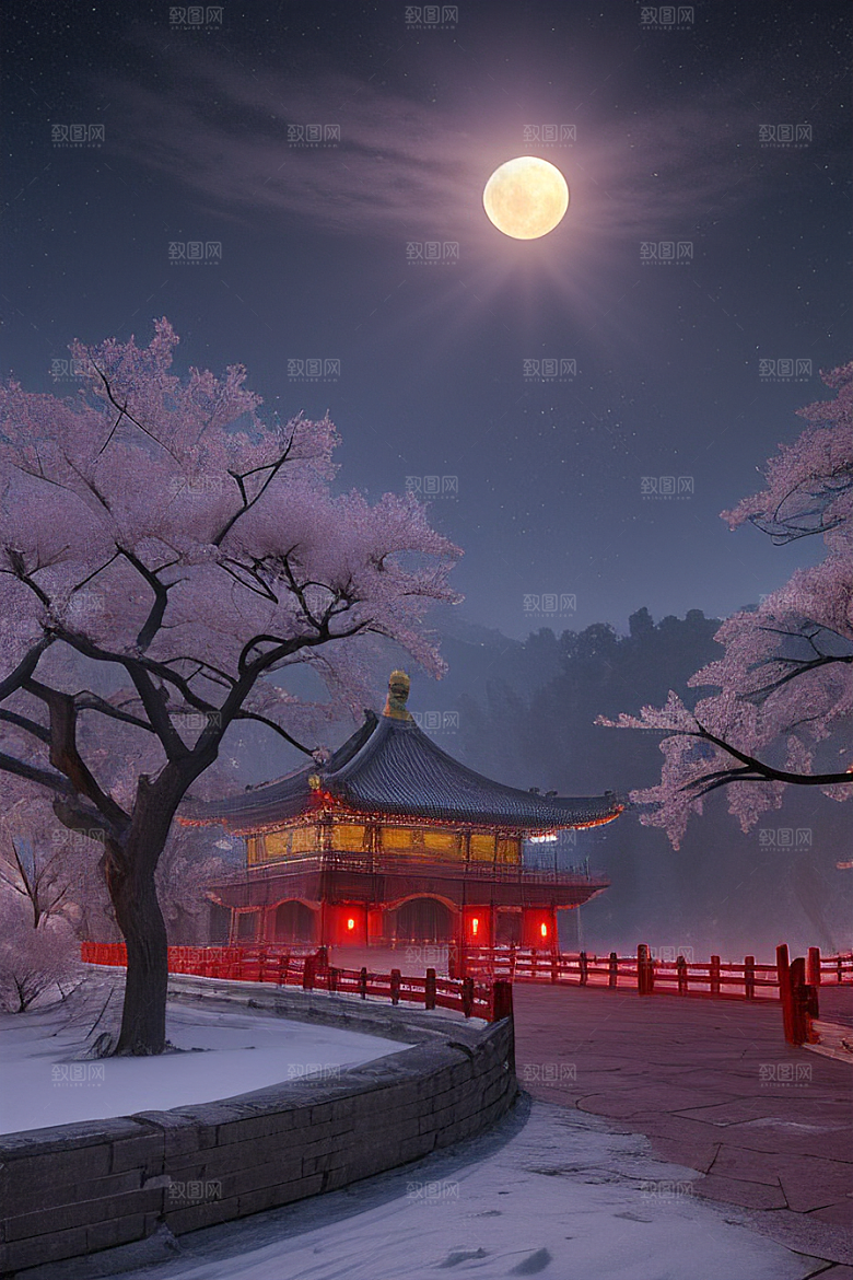 天上的中国古代宫殿的全景