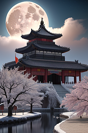 月夜生物发光宫殿对称壮丽构图