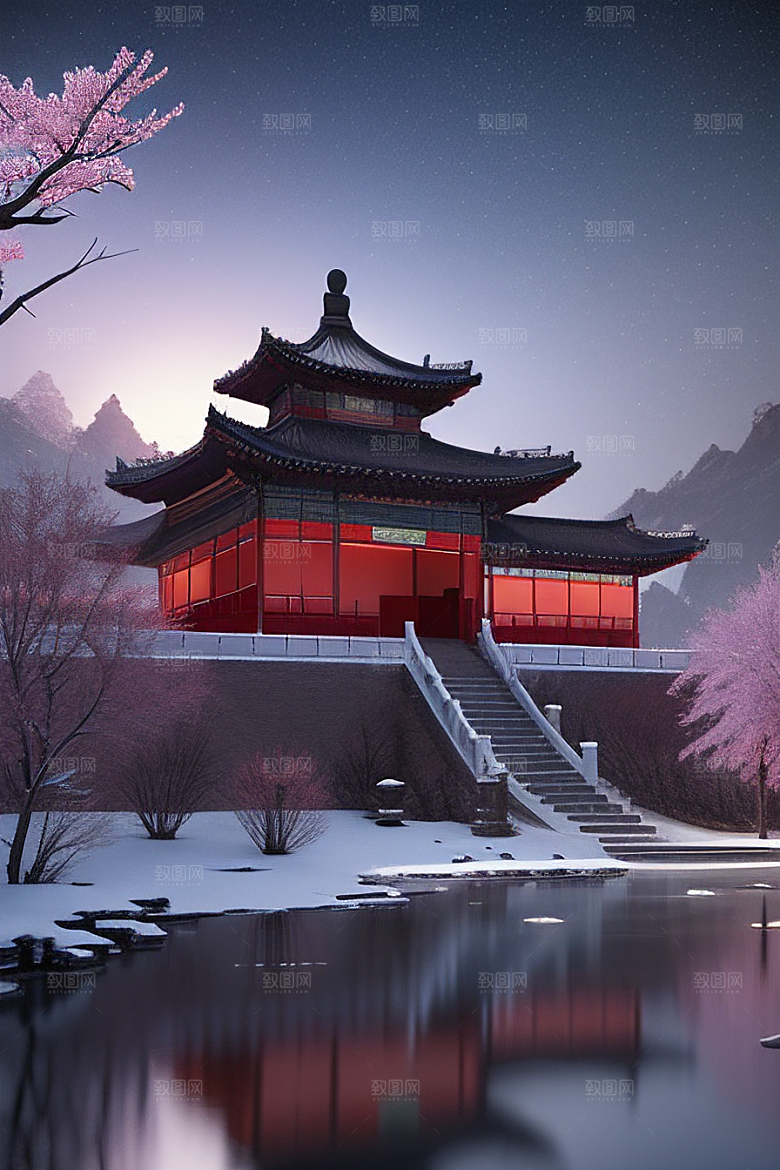 月夜生物发光宫殿对称壮丽构图