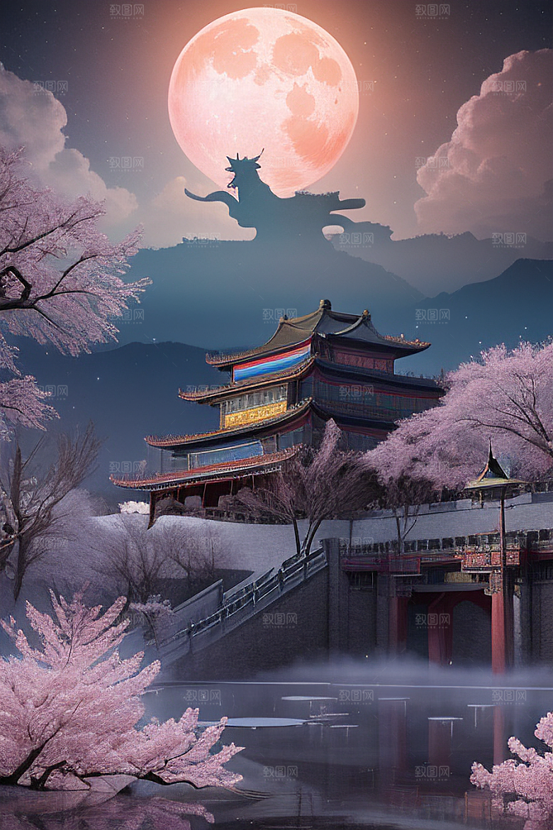 月夜生物发光宫殿对称壮丽构图