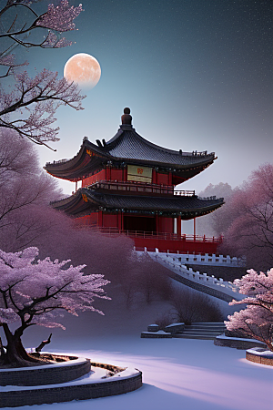 月夜生物发光宫殿对称壮丽构图