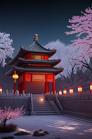 月夜生物发光宫殿对称壮丽构图