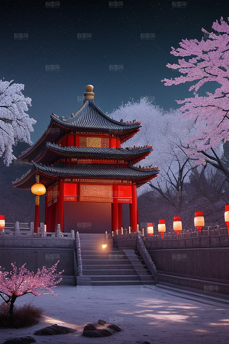 月夜生物发光宫殿对称壮丽构图
