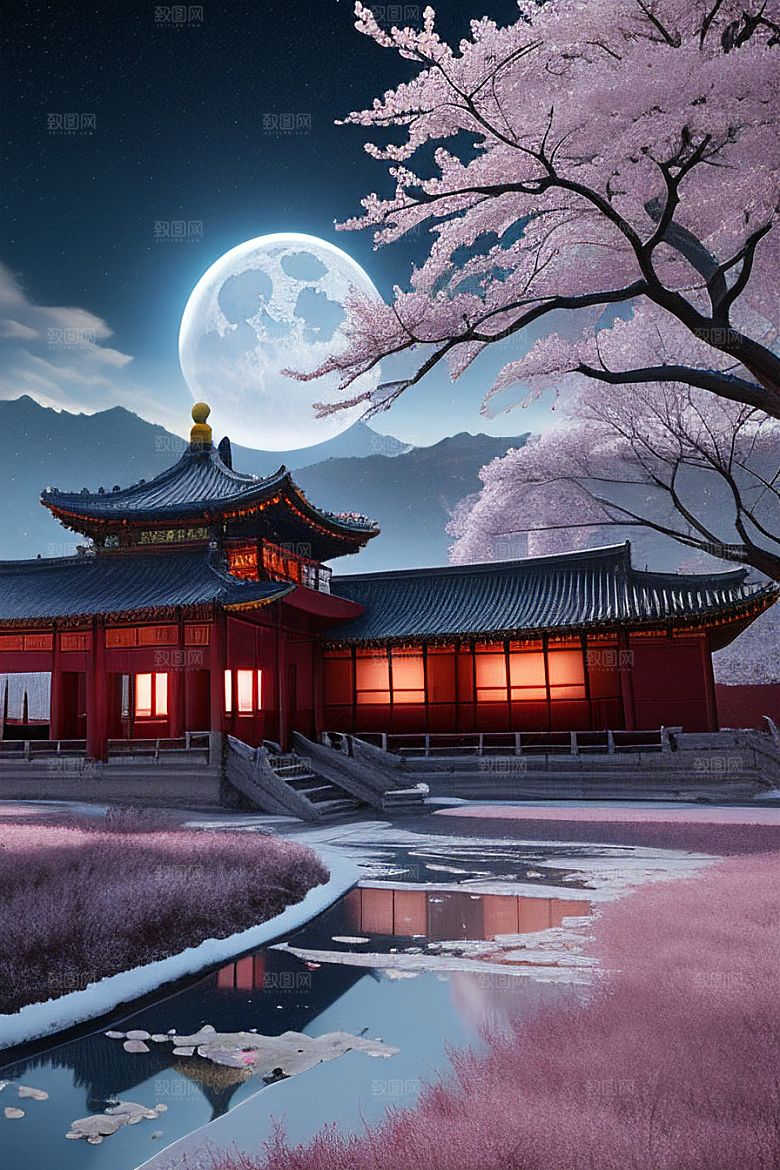 月夜生物发光宫殿对称壮丽构图