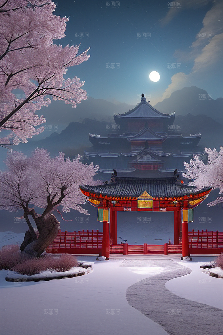 月夜生物发光宫殿对称壮丽构图