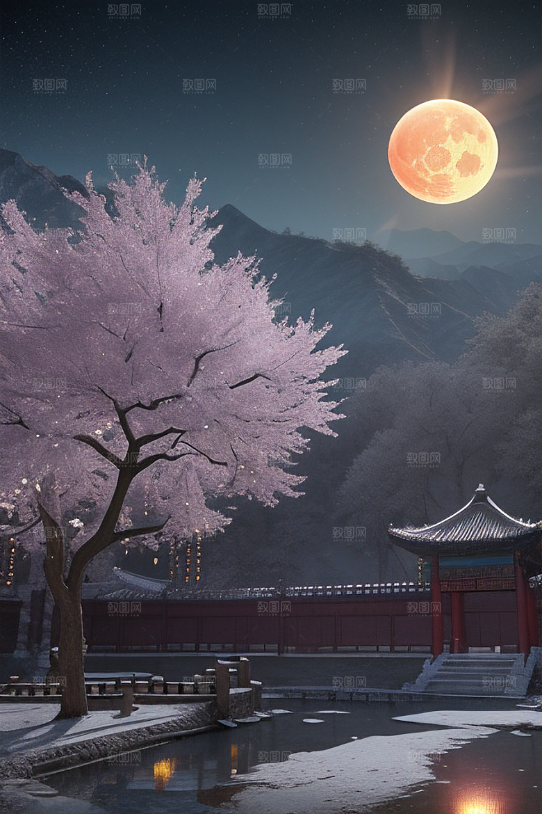 月夜生物发光宫殿对称壮丽构图
