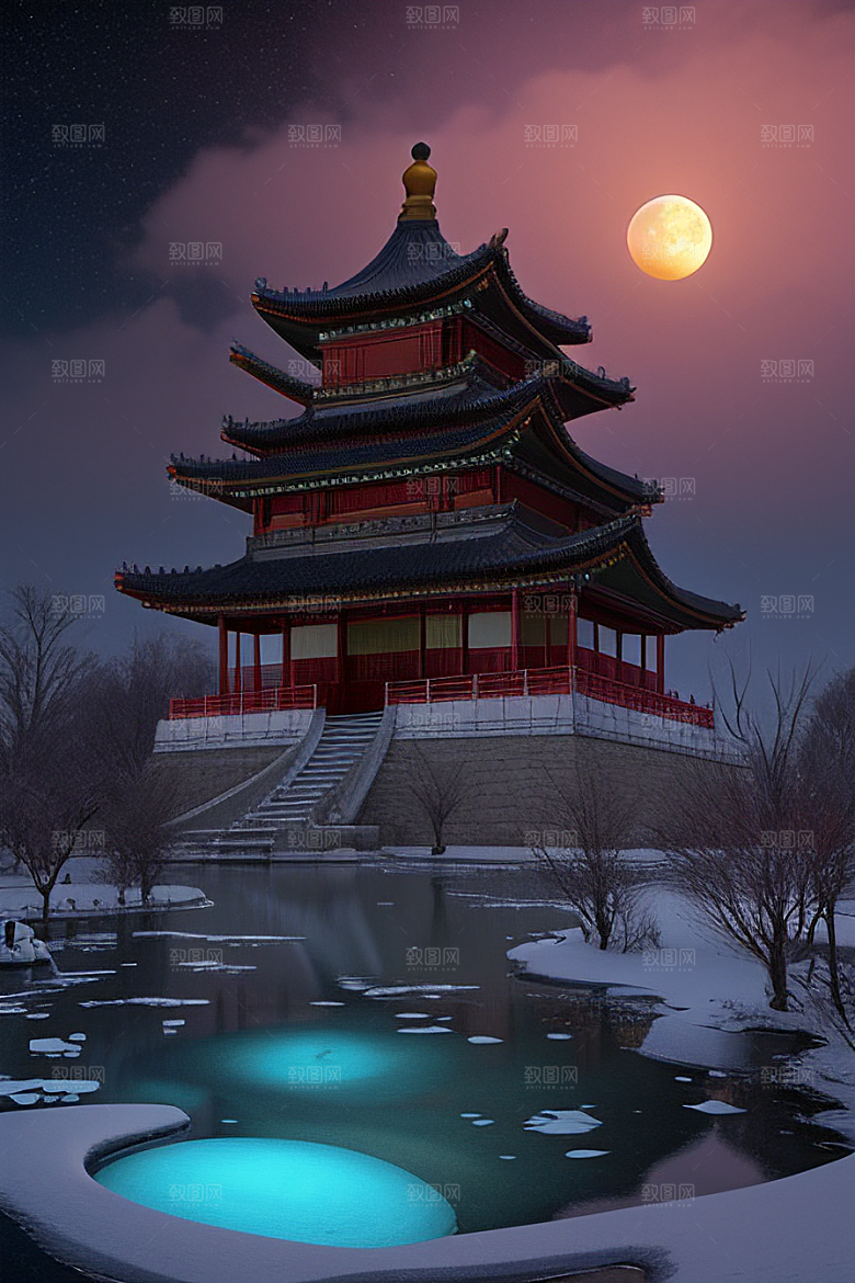 月夜生物发光宫殿对称壮丽构图