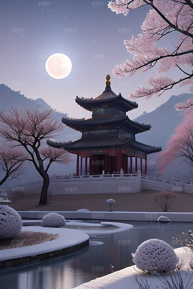 月夜生物发光宫殿对称壮丽构图