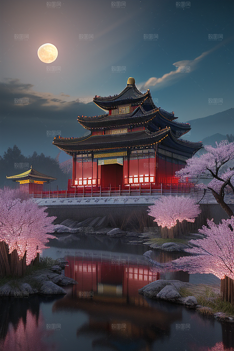 月夜生物发光宫殿对称壮丽构图