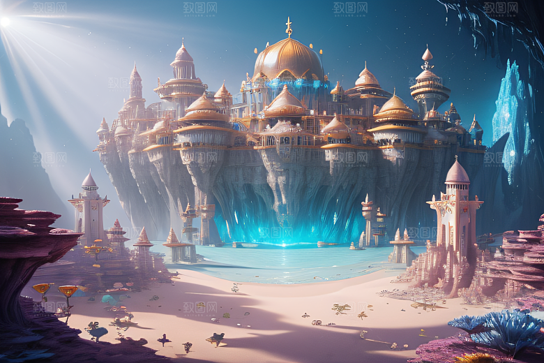 梦幻海底世界水晶玫瑰与奇幻鱼群