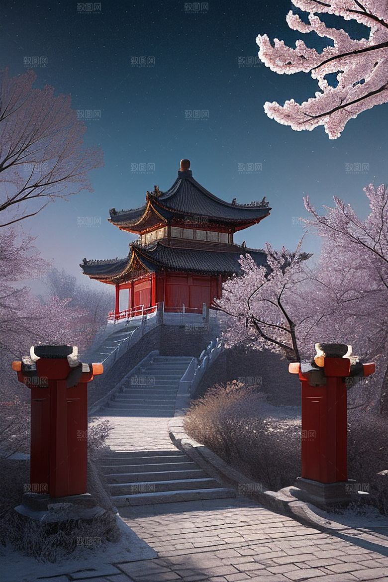月夜生物发光宫殿对称壮丽构图