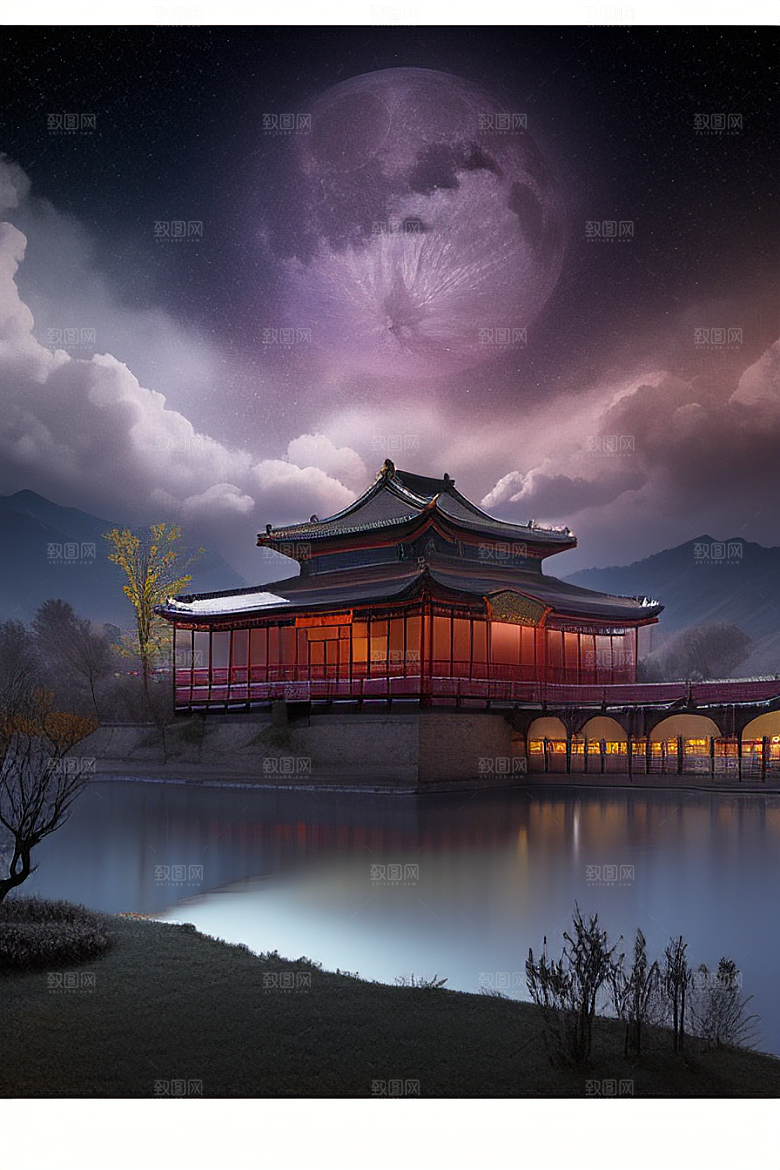 月夜生物发光宫殿对称壮丽构图