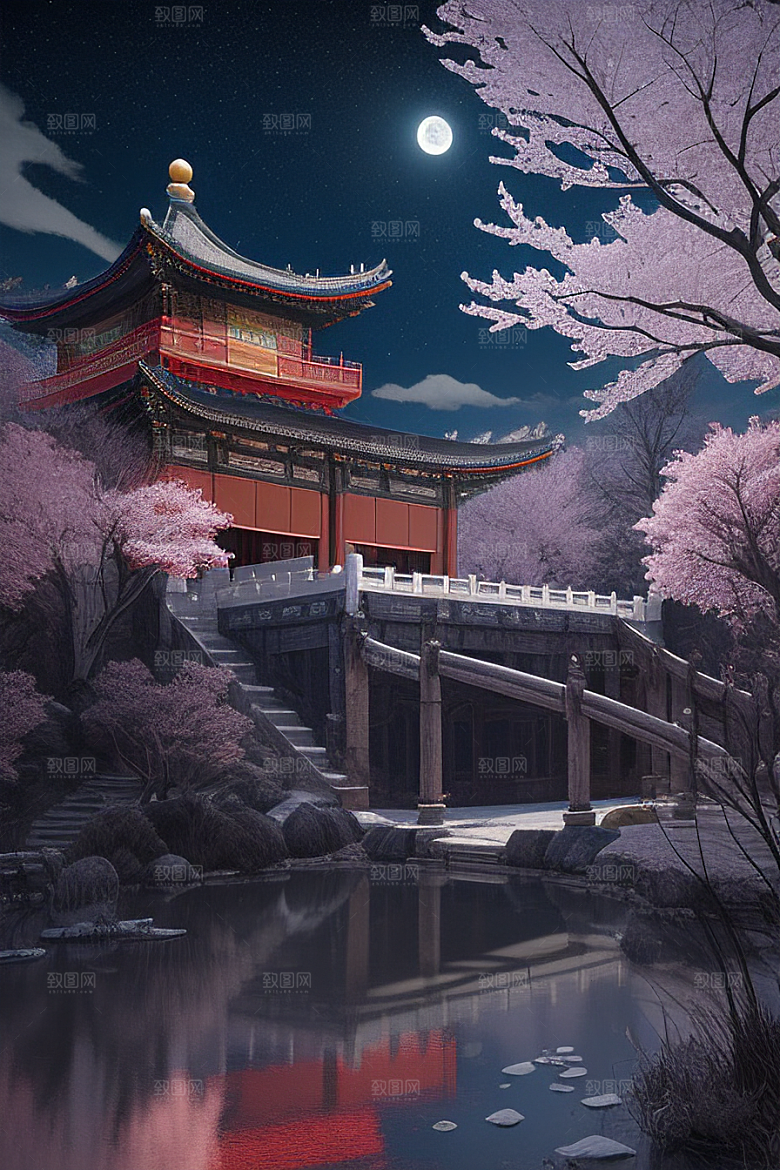 天上的中国古代宫殿的全景