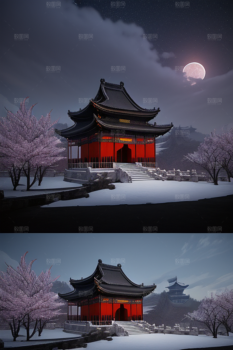 天上的中国古代宫殿的全景