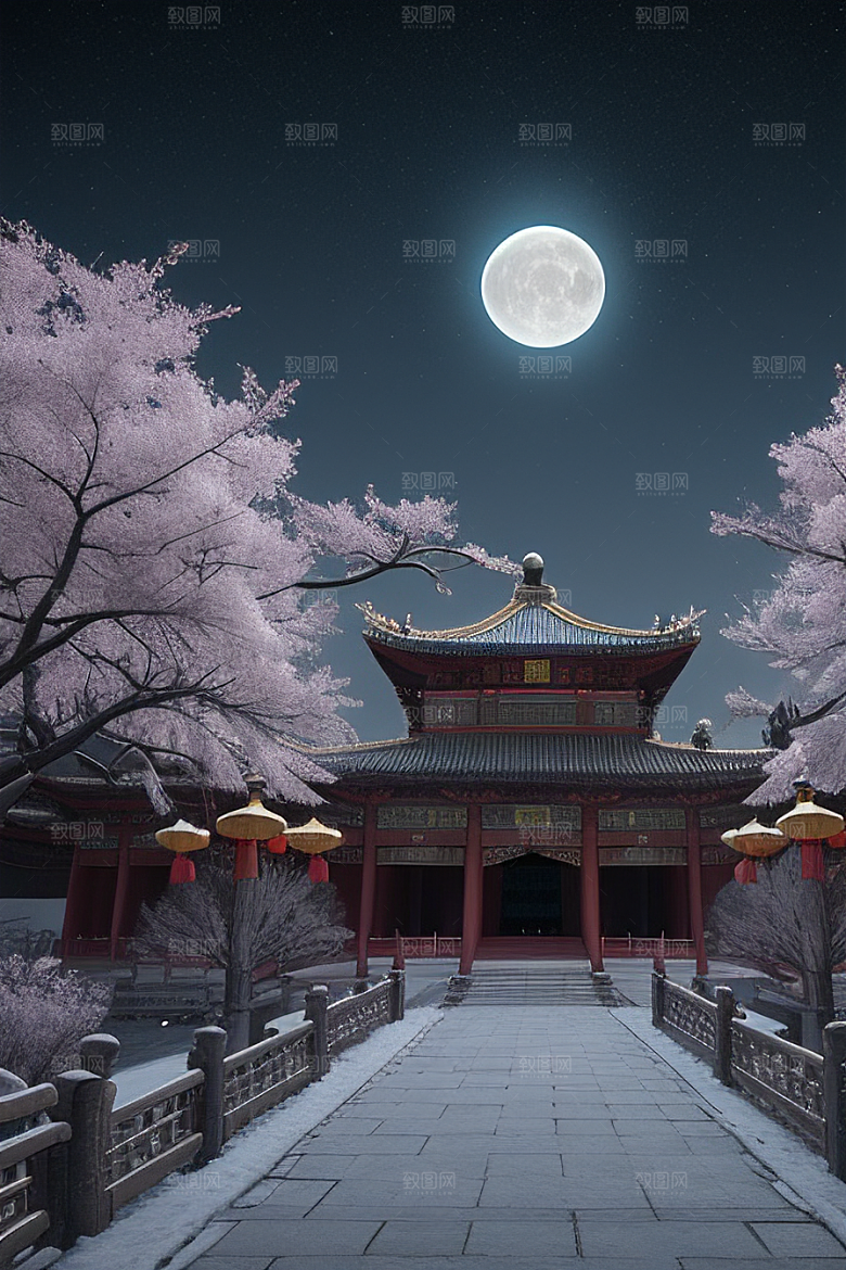 天上的中国古代宫殿的全景