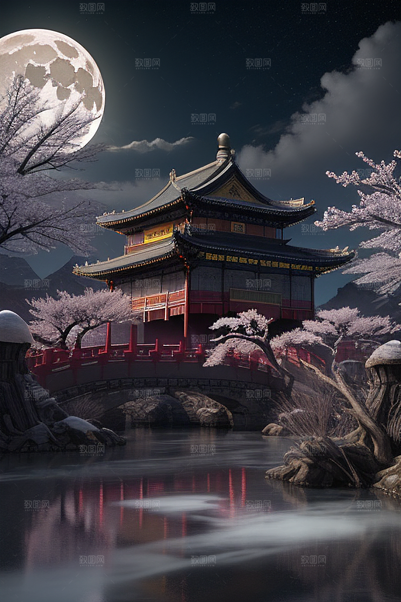 天上的中国古代宫殿的全景