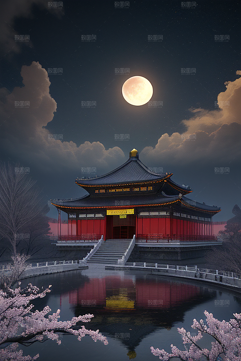 天上的中国古代宫殿的全景
