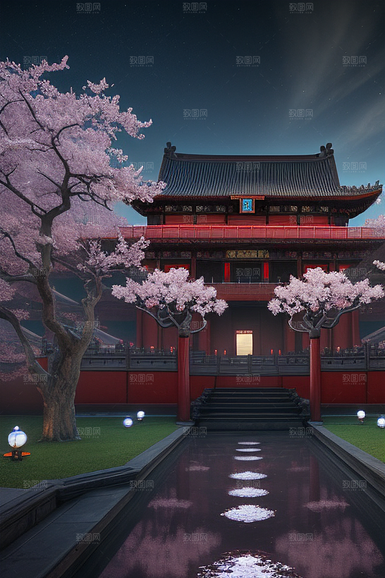 天上的中国古代宫殿的全景