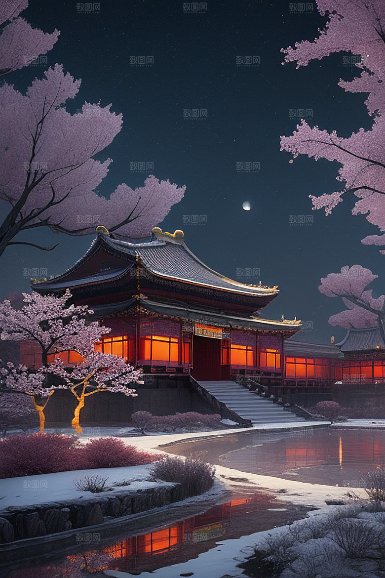天上的中国古代宫殿的全景