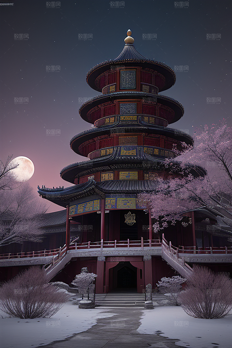 天上的中国古代宫殿的全景