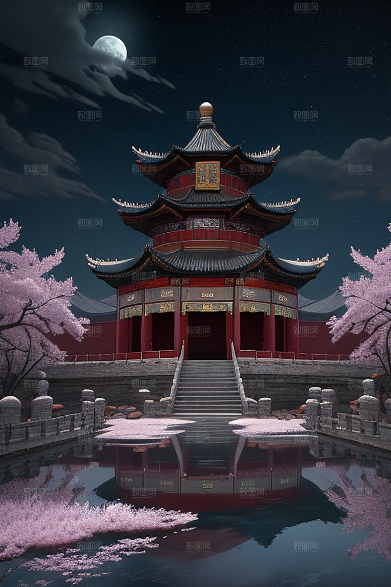 天上的中国古代宫殿的全景