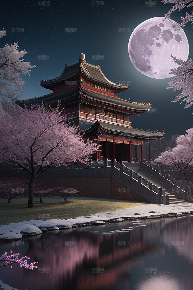 天上的中国古代宫殿的全景