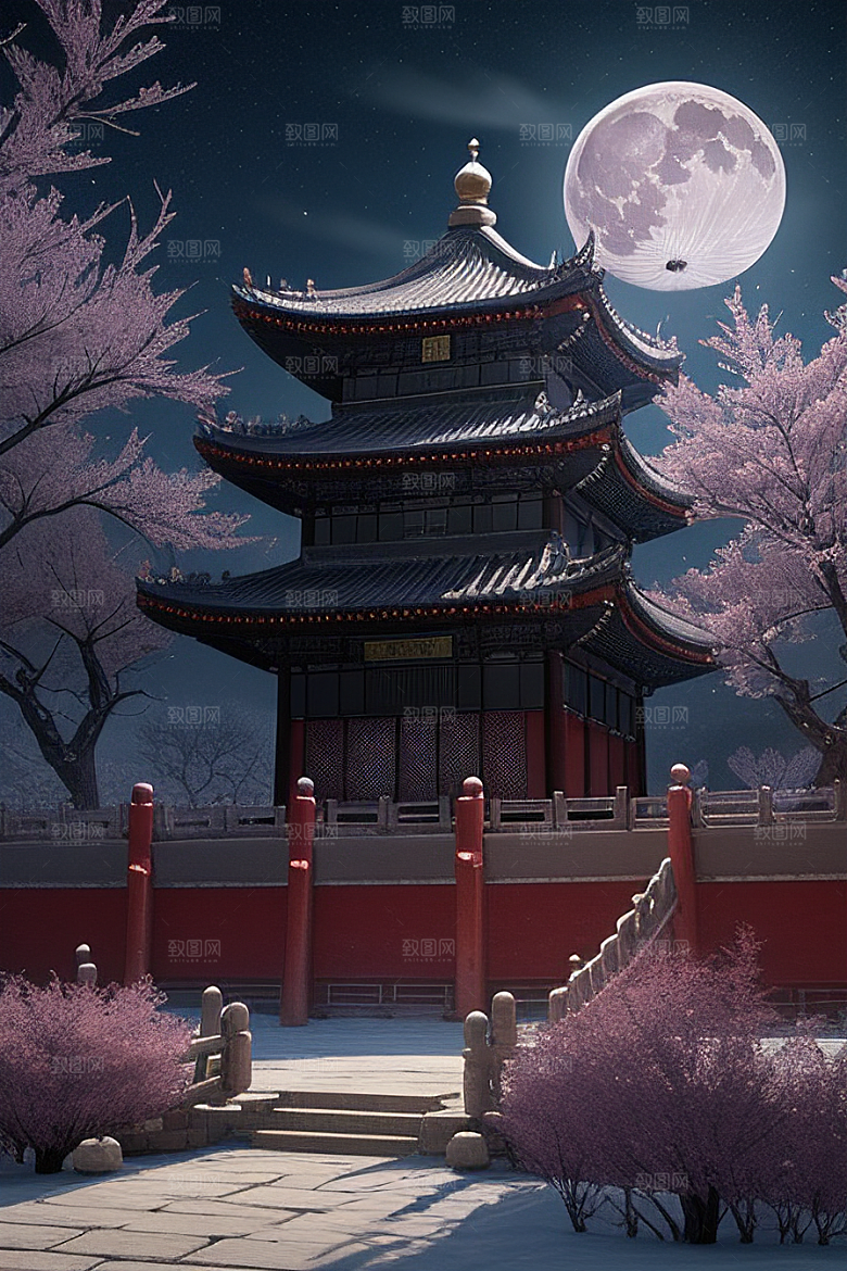 天上的中国古代宫殿的全景