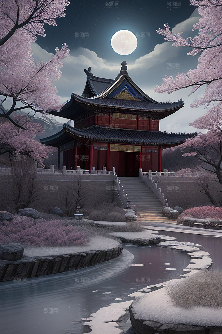 天上的中国古代宫殿的全景