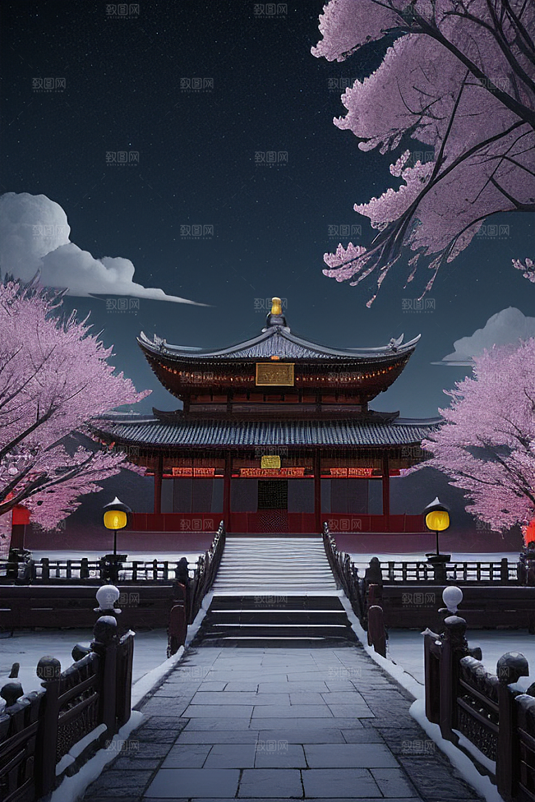 天上的中国古代宫殿的全景