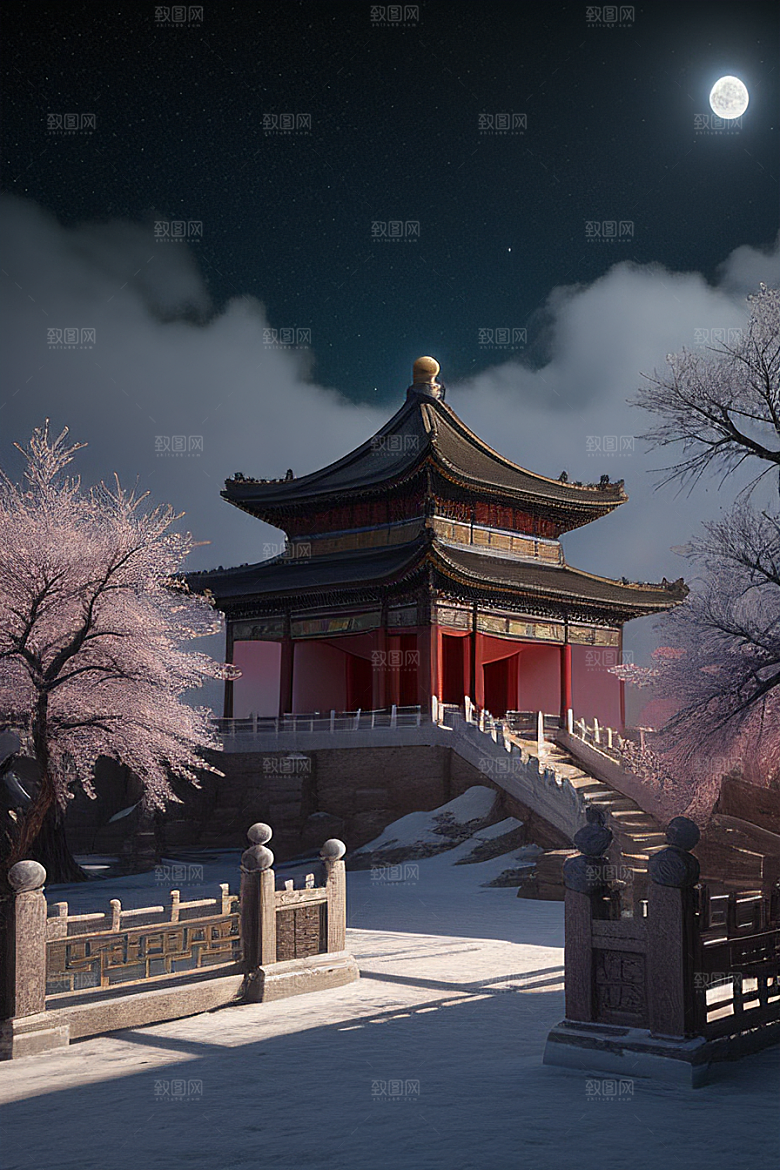 天上的中国古代宫殿的全景