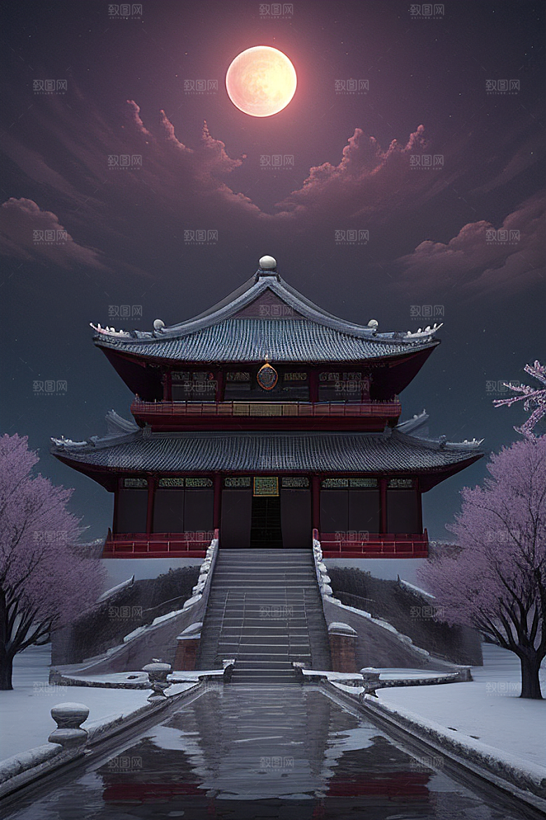 天上的中国古代宫殿的全景